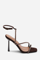 Betsy High Heels Sandals with Diamante detail & Square toe in Dark Brown Suede