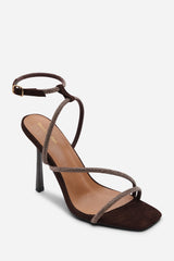 Betsy High Heels Sandals with Diamante detail & Square toe in Dark Brown Suede