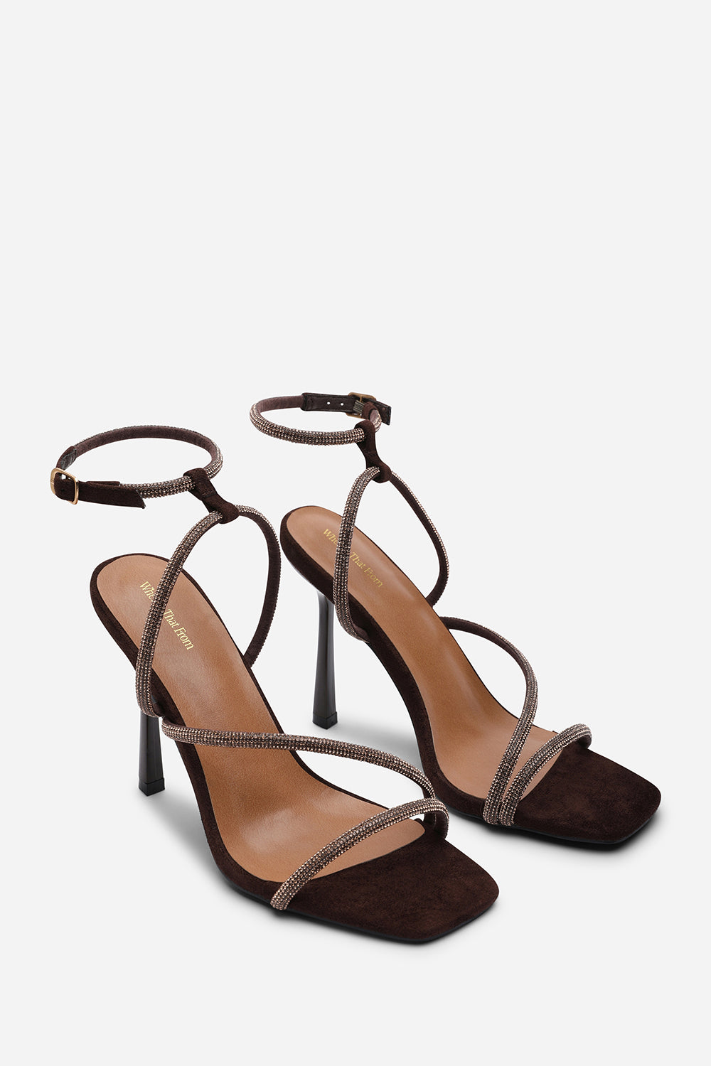 Betsy High Heels Sandals with Diamante detail & Square toe in Dark Brown Suede