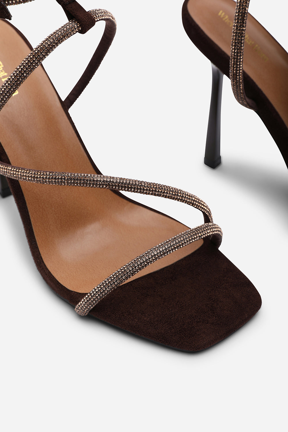 Betsy High Heels Sandals with Diamante detail & Square toe in Dark Brown Suede