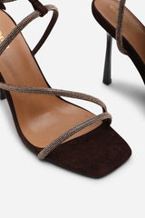 Betsy High Heels Sandals with Diamante detail & Square toe in Dark Brown Suede