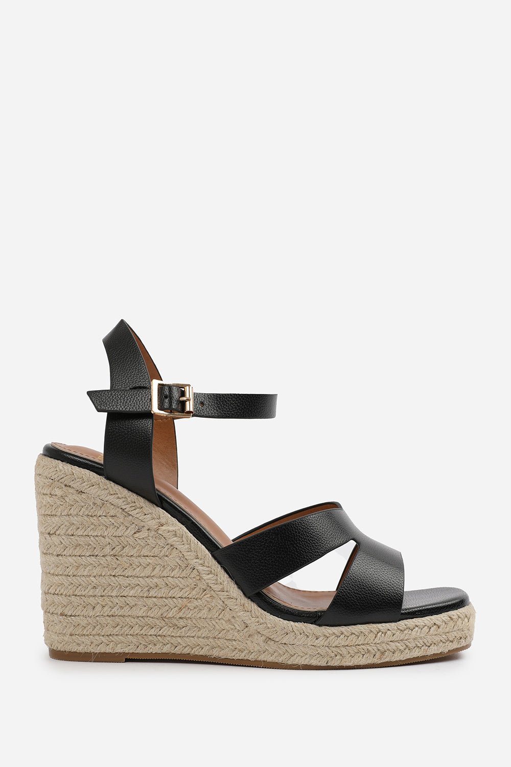 SANSA CUT OUT STRAP DETAIL WEDGE SHOES WITH BUCKLE CLOSURE IN BLACK GRAIN PU