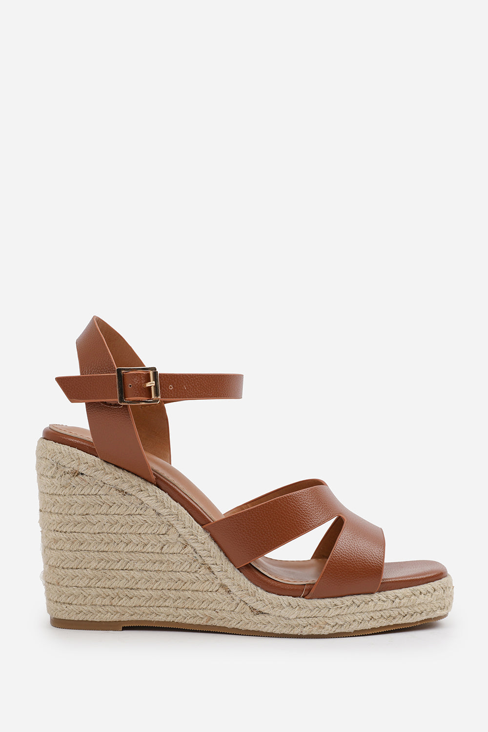 SANSA WIDE FIT CUT OUT STRAP DETAIL WEDGE SHOES WITH BUCKLE CLOSURE IN TAN GRAIN PU