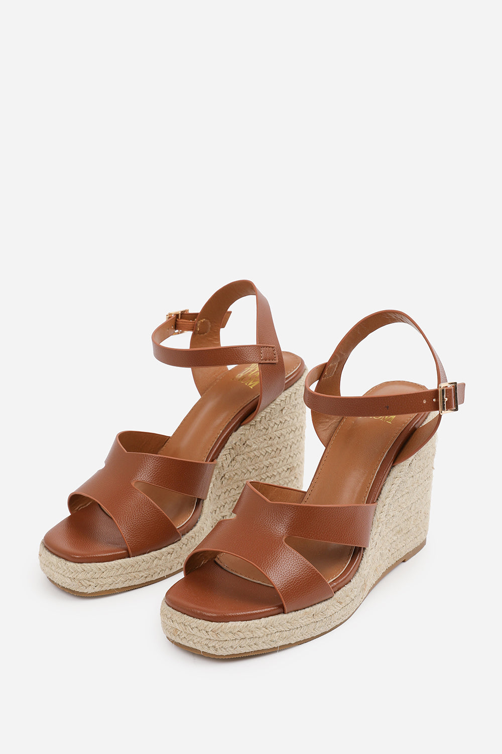 SANSA CUT OUT STRAP DETAIL WEDGE SHOES WITH BUCKLE CLOSURE IN TAN GRAIN PU