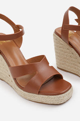 Orvina Wide Fit Tan Cut Out Strap Detail Espadrille Wedge Heels With Buckle Strap