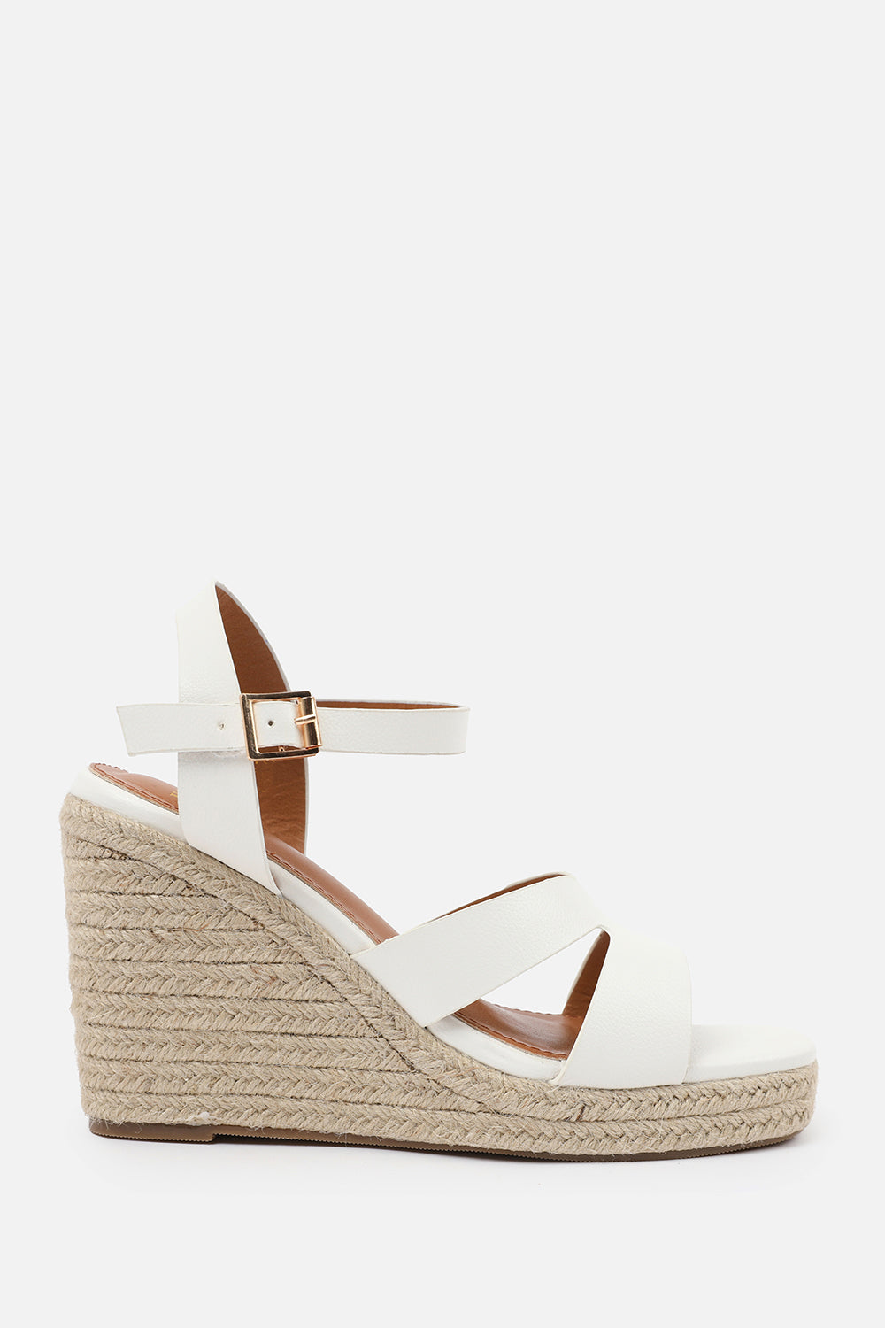 SANSA CUT OUT STRAP DETAIL WEDGE SHOES WITH BUCKLE CLOSURE IN WHITE GRAIN PU