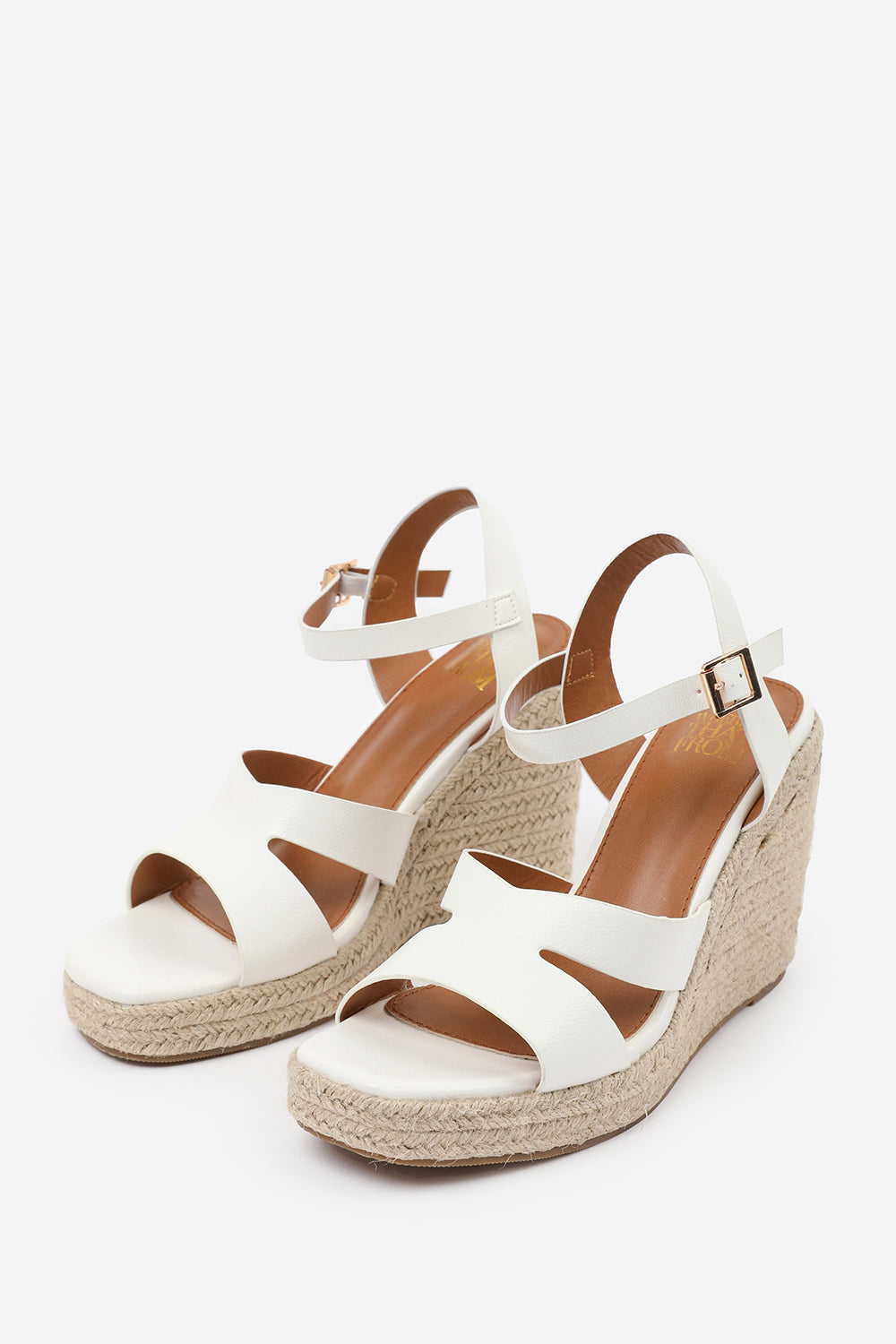 Orvina Wide Fit White Cut Out Strap Detail Espadrille Wedge Heels With Buckle Strap
