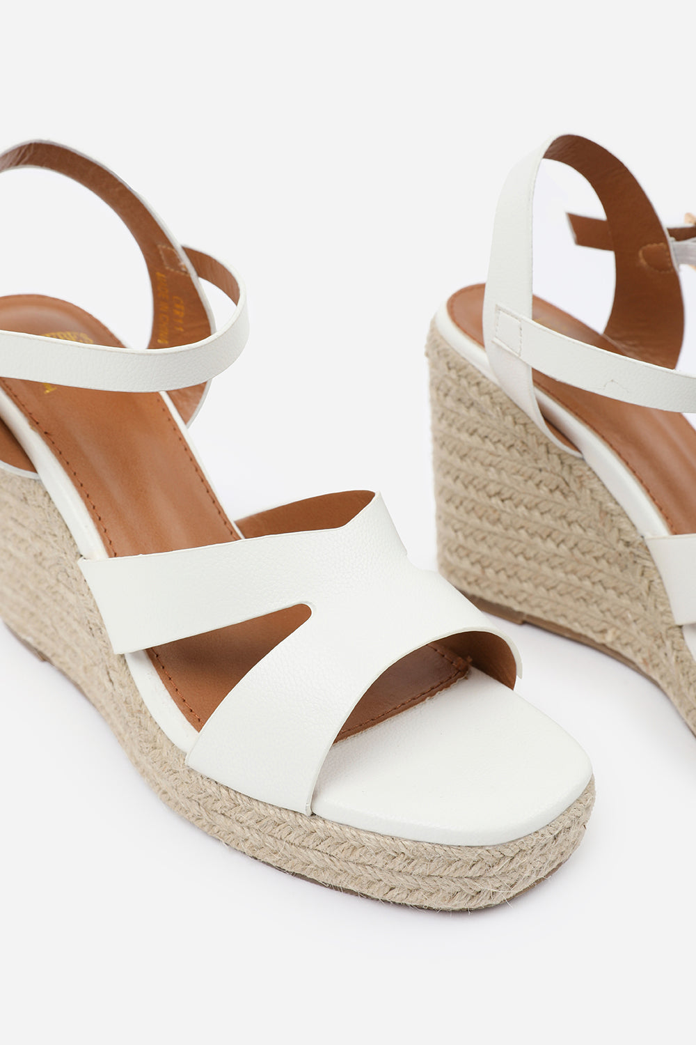 Orvina Wide Fit White Cut Out Strap Detail Espadrille Wedge Heels With Buckle Strap