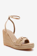 Kiera Wedge Heeled Sandals With Buckle Ankle Straps In Beige
