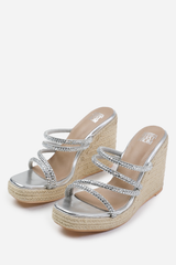 OHIO DIAMANTE MULTI STRAP ESPADRILLE WEDGES IN SILVER METALLIC