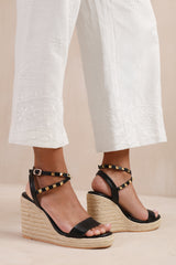 TEXAS CROSS OVER ANKLE STRAP WITH STUDD DETAIL ESPADRILLE WEDGES IN BLACK FAUX LEATHER