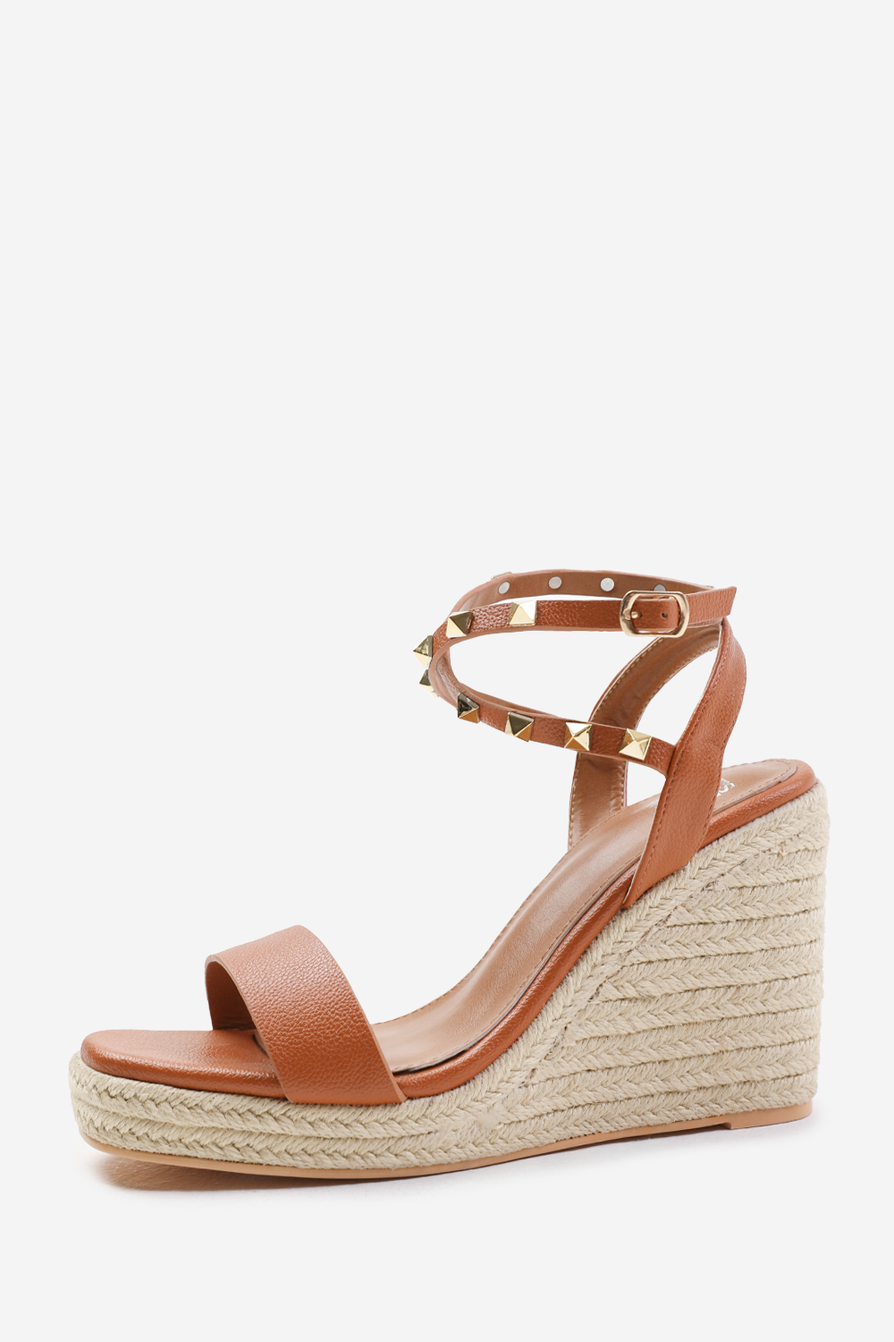 TEXAS WIDE FIT CROSS OVER ANKLE STRAP WITH STUDD DETAIL ESPADRILLE WEDGES IN TAN FAUX LEATHER