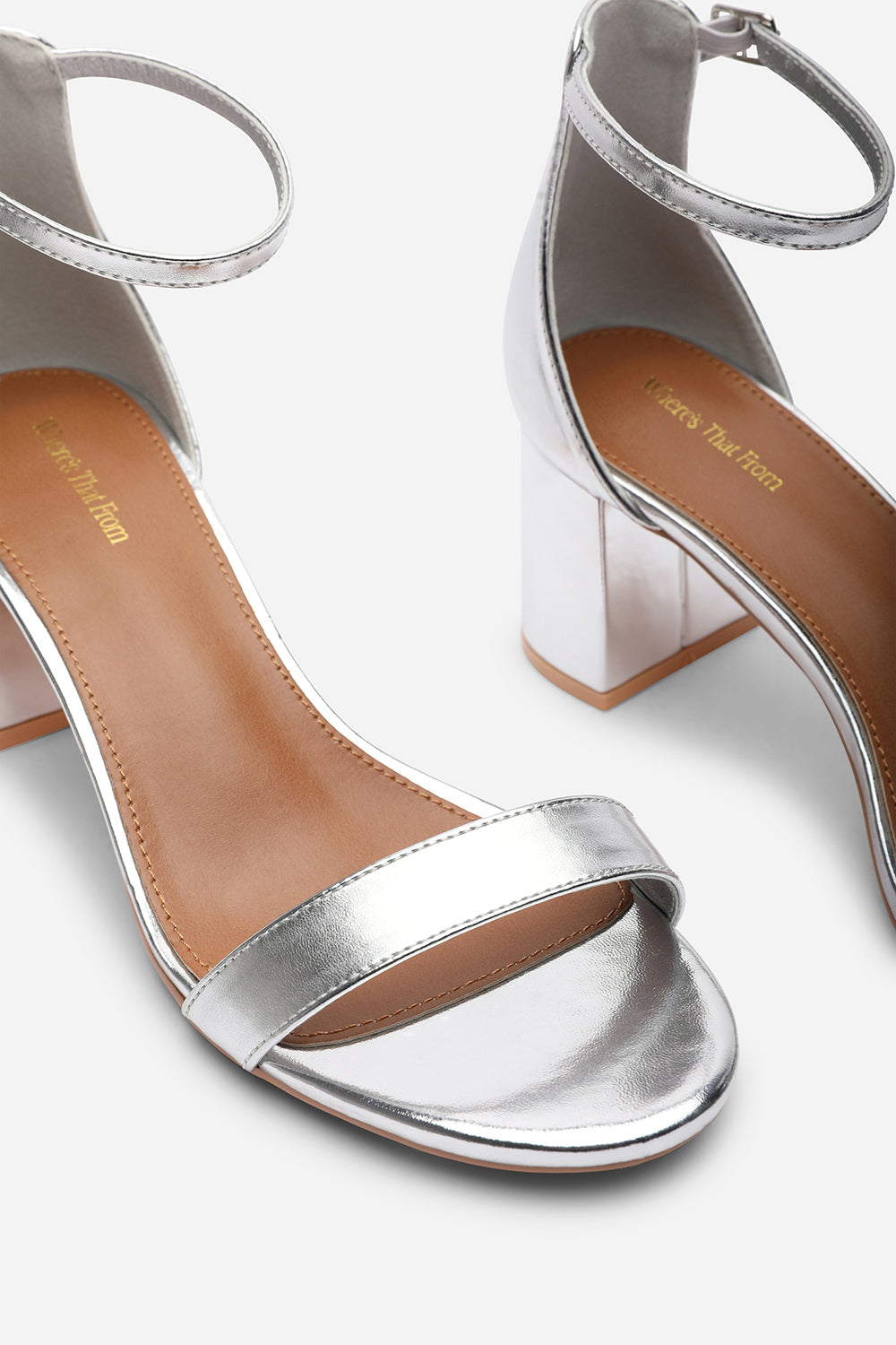 Beacon Ankle Strap Block Heel Silver Metallic Sandals