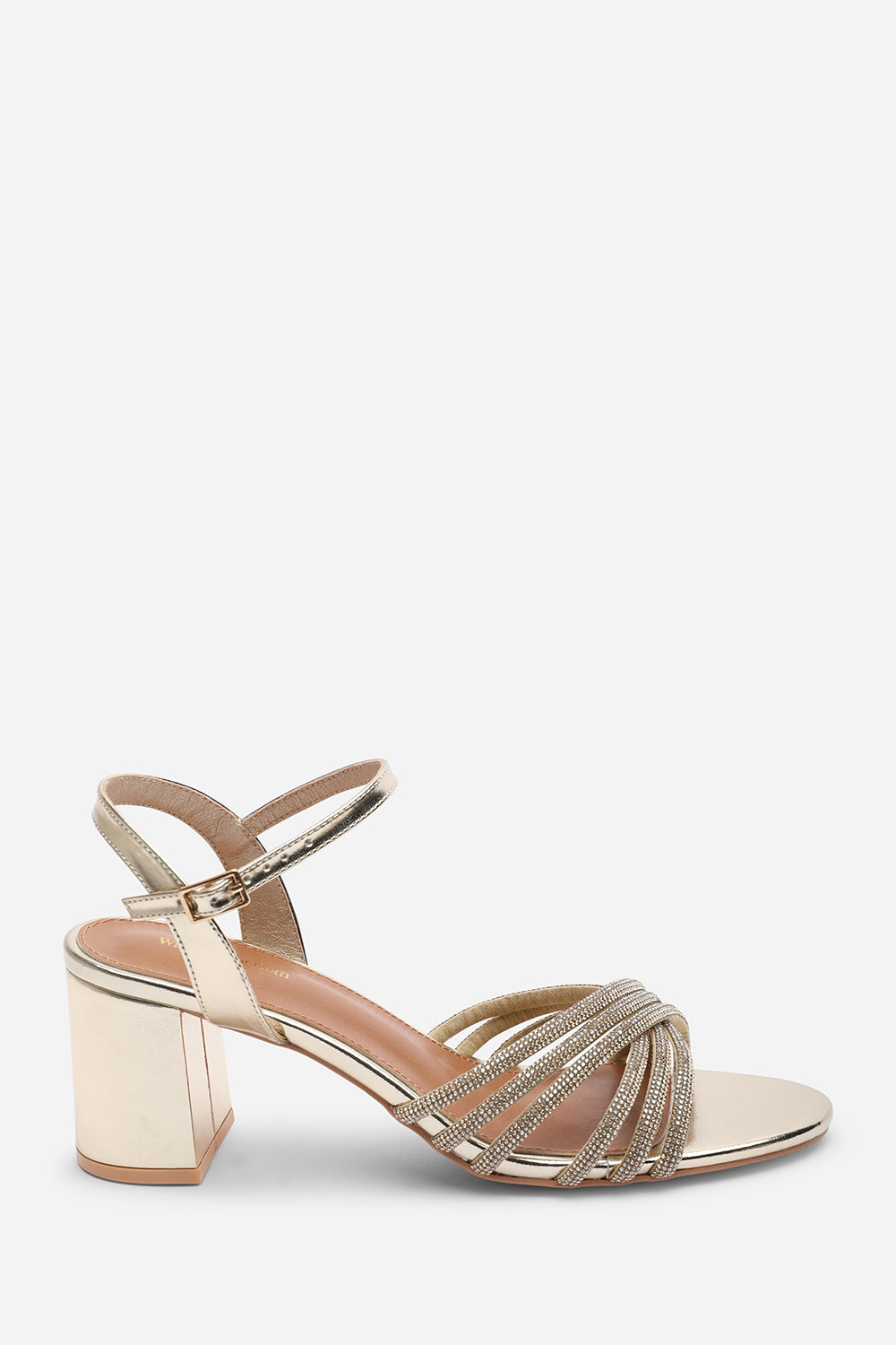 Bellini Cross Over Diamante Strap Gold Metallic Block Heel Sandals