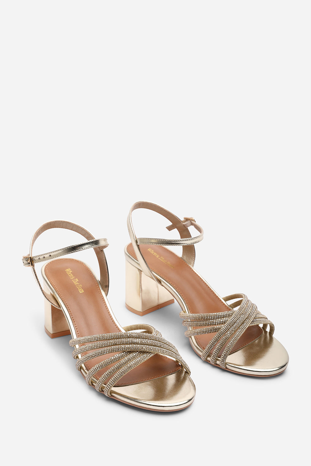 Bellini Cross Over Diamante Strap Gold Metallic Block Heel Sandals