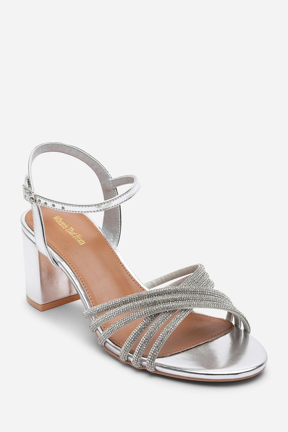 Bellini Cross Over Diamante Strap Silver Metallic Block Heel Sandals