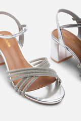 Bellini Cross Over Diamante Strap Silver Metallic Block Heel Sandals