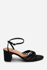 Blossy Knotted Block Heel Sandal With Ankle Strap in Black Suede