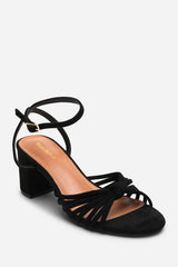 Blossy Knotted Block Heel Sandal With Ankle Strap in Black Suede