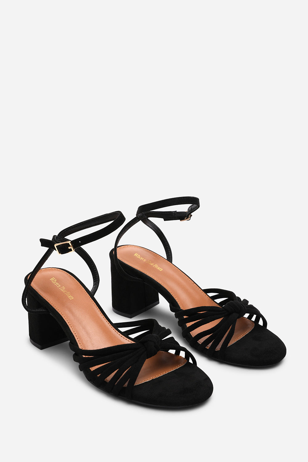 Blossy Knotted Block Heel Sandal With Ankle Strap in Black Suede