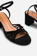 Blossy Knotted Block Heel Sandal With Ankle Strap in Black Suede