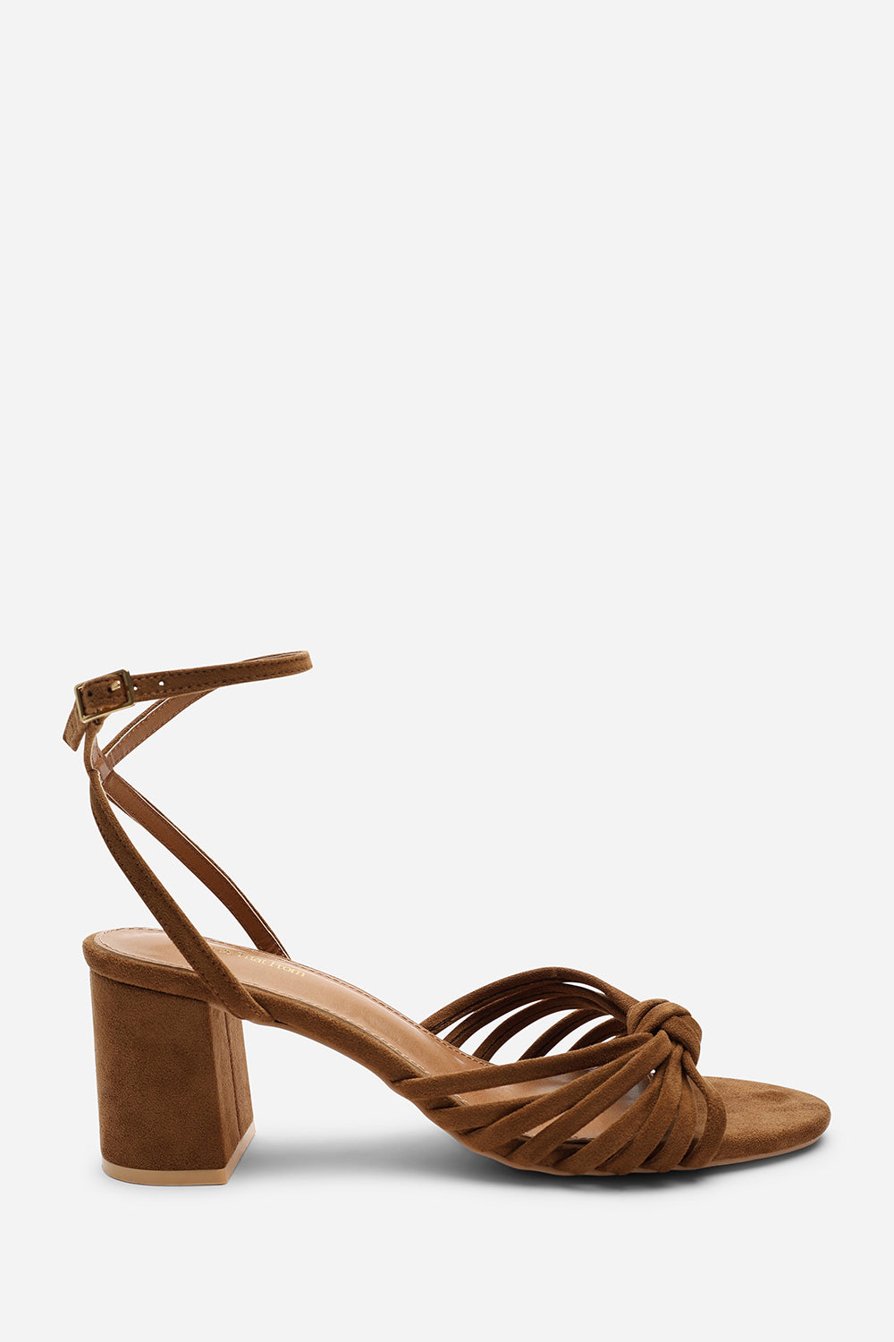 Blossy Knotted Block Heel Sandal With Ankle Strap in Cognac Suede