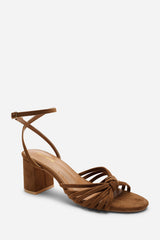Blossy Knotted Block Heel Sandal With Ankle Strap in Cognac Suede