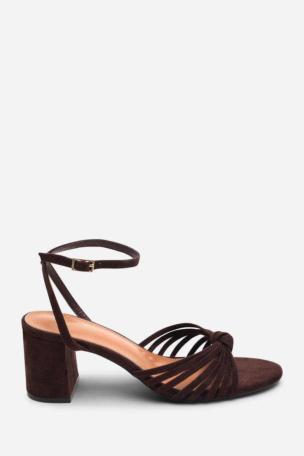 Blossy Knotted Block Heel Sandal With Ankle Strap in Dark Brown Suede