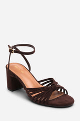 Blossy Knotted Block Heel Sandal With Ankle Strap in Dark Brown Suede