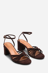 Blossy Knotted Block Heel Sandal With Ankle Strap in Dark Brown Suede