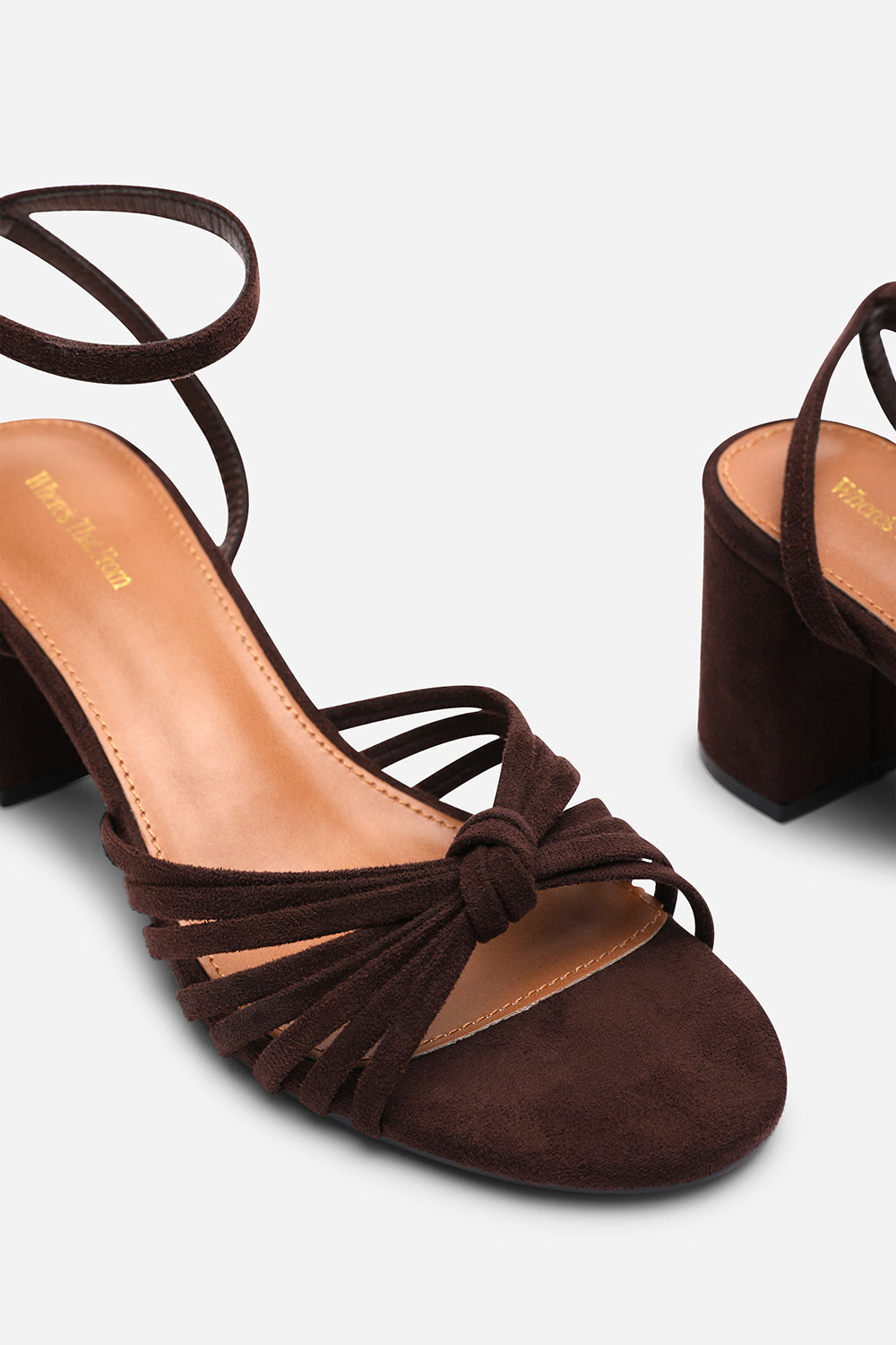 Blossy Knotted Block Heel Sandal With Ankle Strap in Dark Brown Suede