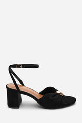 Bluebird Block Heel Ruched Buckle Black Suede Sandal