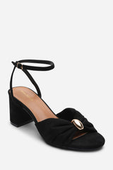 Bluebird Block Heel Ruched Buckle Black Suede Sandal