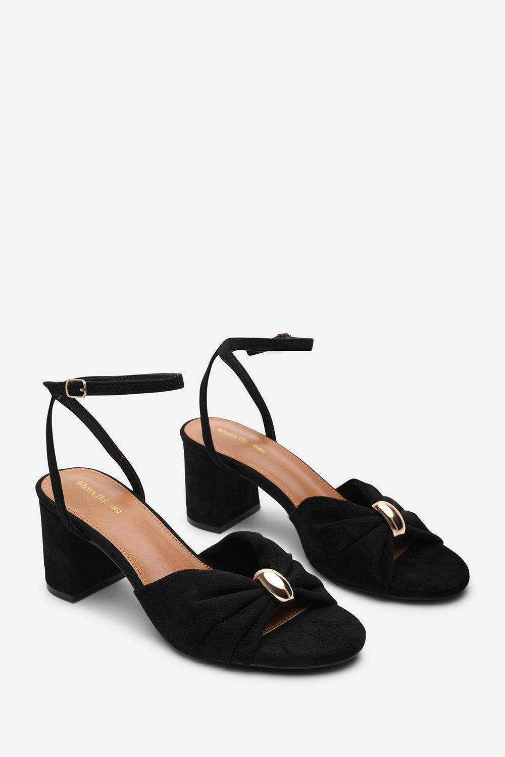 Bluebird Block Heel Ruched Buckle Black Suede Sandal