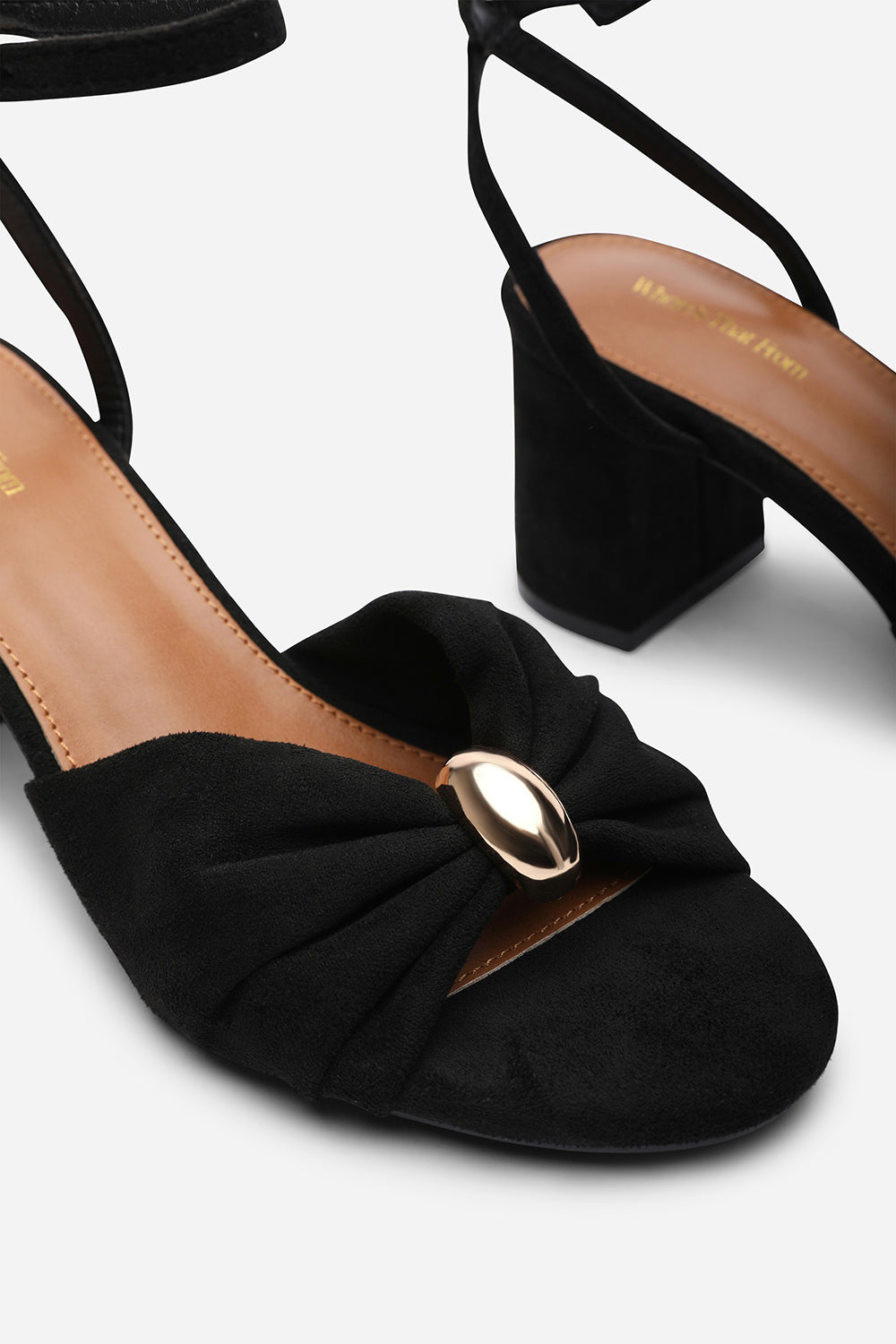 Bluebird Block Heel Ruched Buckle Black Suede Sandal
