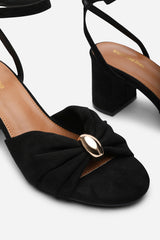 Bluebird Block Heel Ruched Buckle Black Suede Sandal