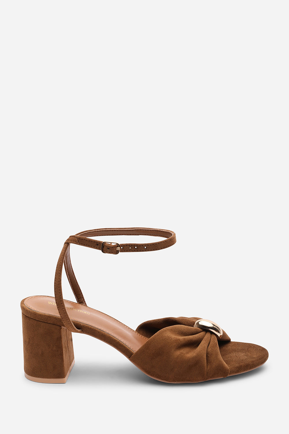 Bluebird Block Heel Ruched Buckle Cognac Suede Sandal