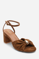Bluebird Block Heel Ruched Buckle Cognac Suede Sandal