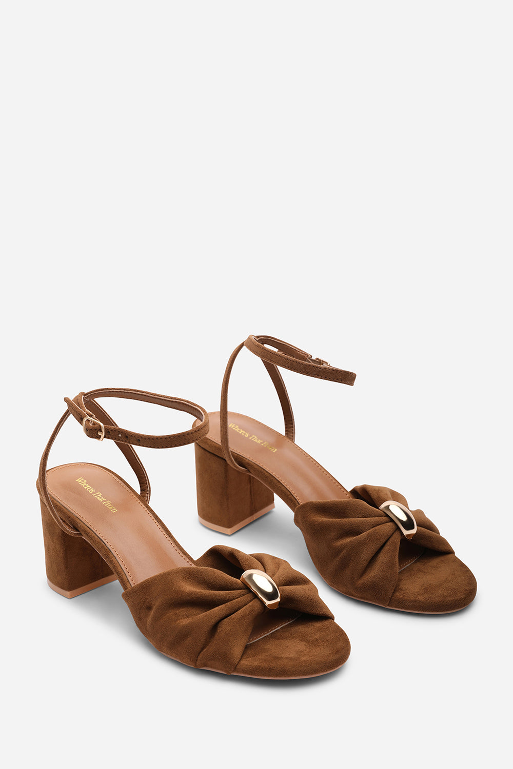 Bluebird Block Heel Ruched Buckle Cognac Suede Sandal