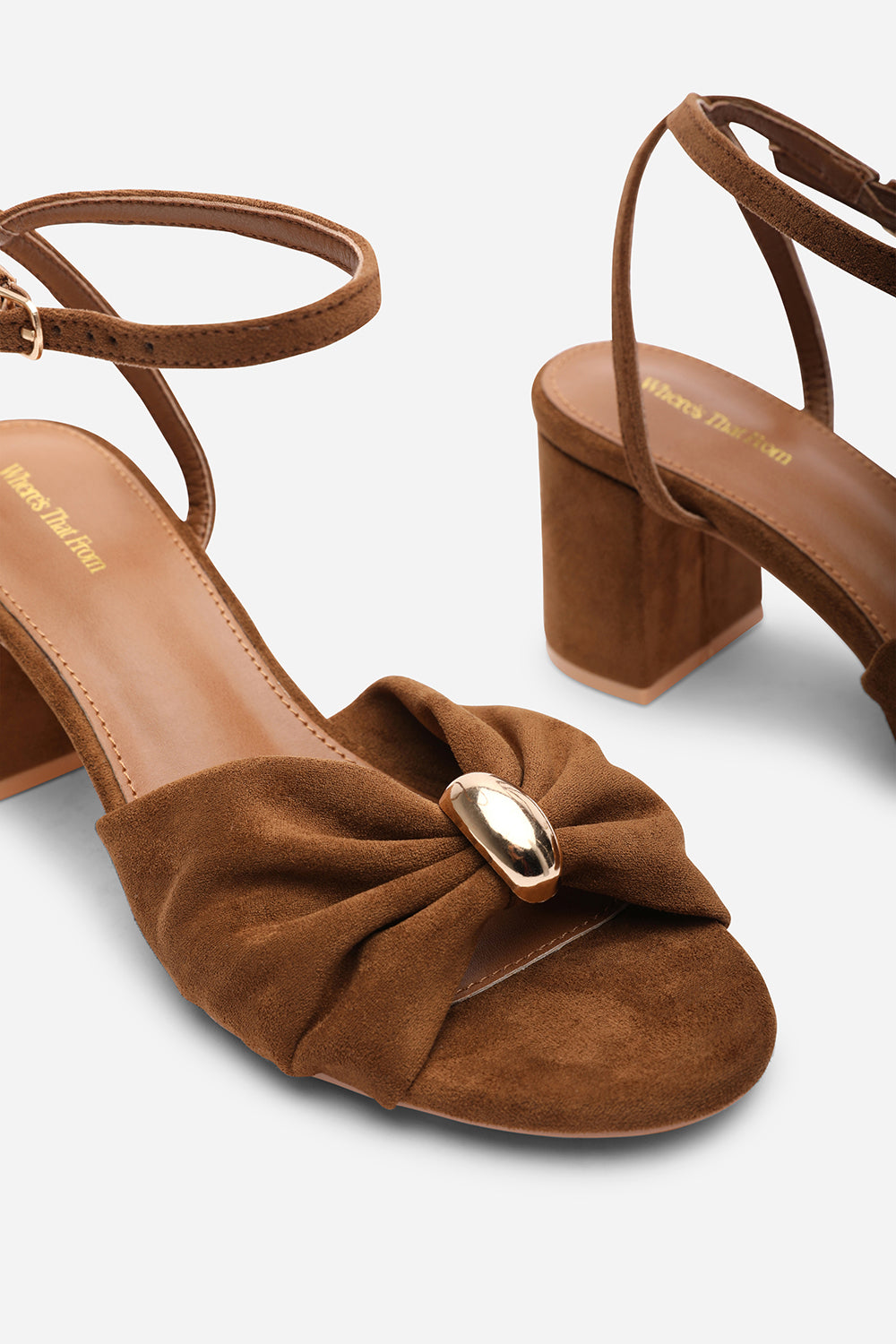 Bluebird Block Heel Ruched Buckle Cognac Suede Sandal