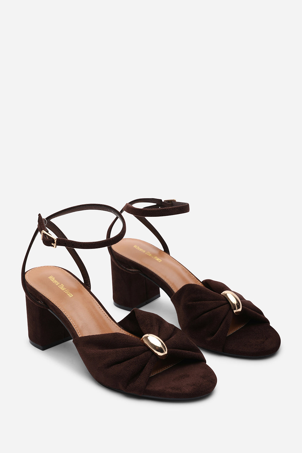Bluebird Block Heel Ruched Buckle Dark Brown Suede Sandal