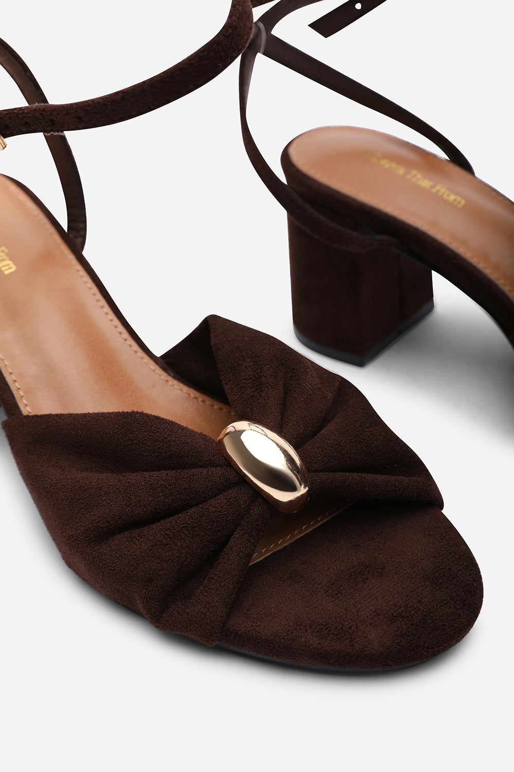 Bluebird Block Heel Ruched Buckle Dark Brown Suede Sandal