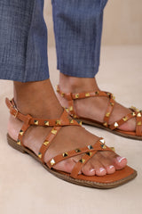 MONTANA GLADIATOR SANDAL WITH STUDD DETAIL IN TAN FAUX LEATHER