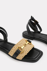 Norina Black Wide Fit Woven Flat Sandals With Snaffle Detail
