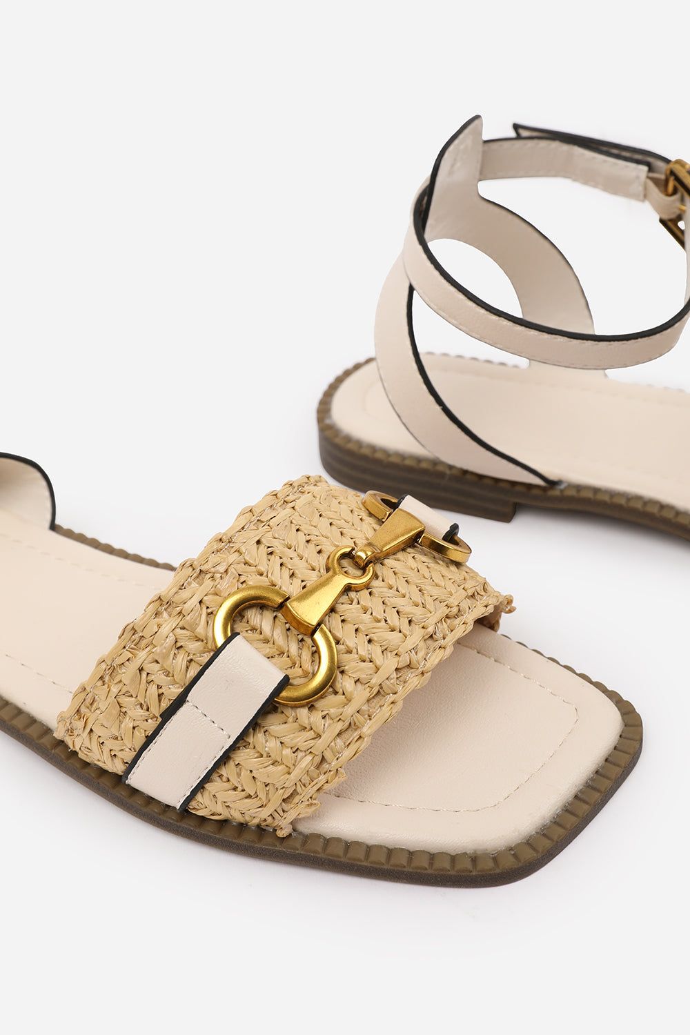 Norina Cream Woven Flat Sandals With Snaffle Detail
