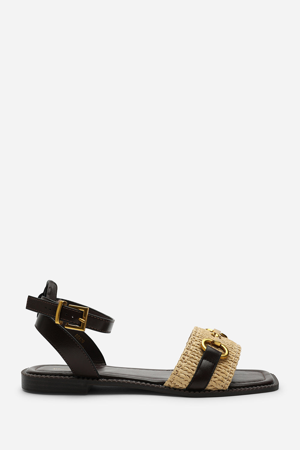 Catelyn PU Straw Detail Strap Sandals with Buckle Closure in Dark Brown Faux Leather