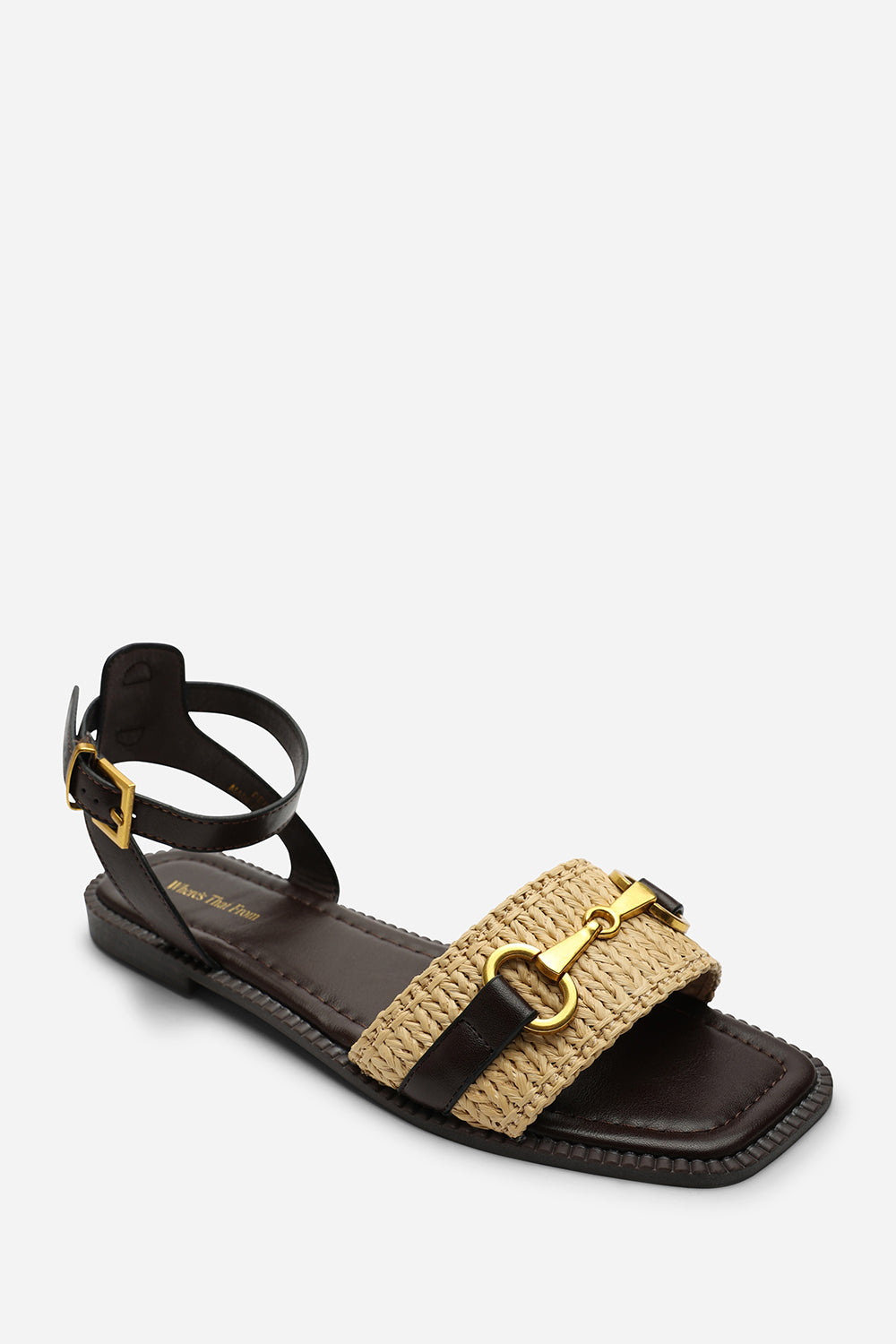 Catelyn PU Straw Detail Strap Sandals with Buckle Closure in Dark Brown Faux Leather