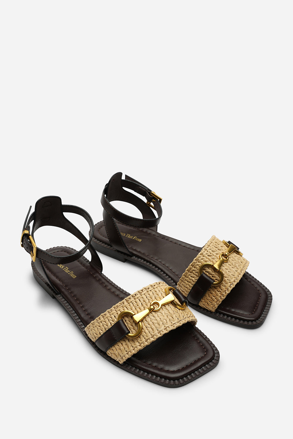 Catelyn PU Straw Detail Strap Sandals with Buckle Closure in Dark Brown Faux Leather