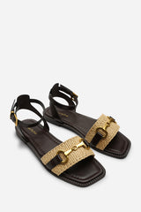 Catelyn PU Straw Detail Strap Sandals with Buckle Closure in Dark Brown Faux Leather