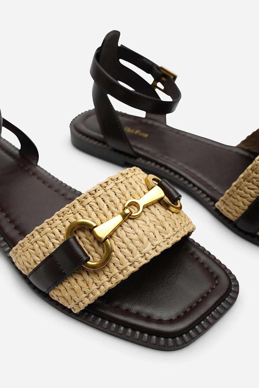 Catelyn PU Straw Detail Strap Sandals with Buckle Closure in Dark Brown Faux Leather